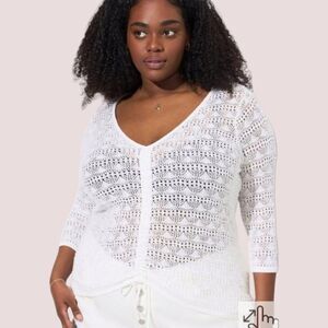 TORRID Women's White Open Stich Pullover V- Neck Cinched Front Sweater 4X